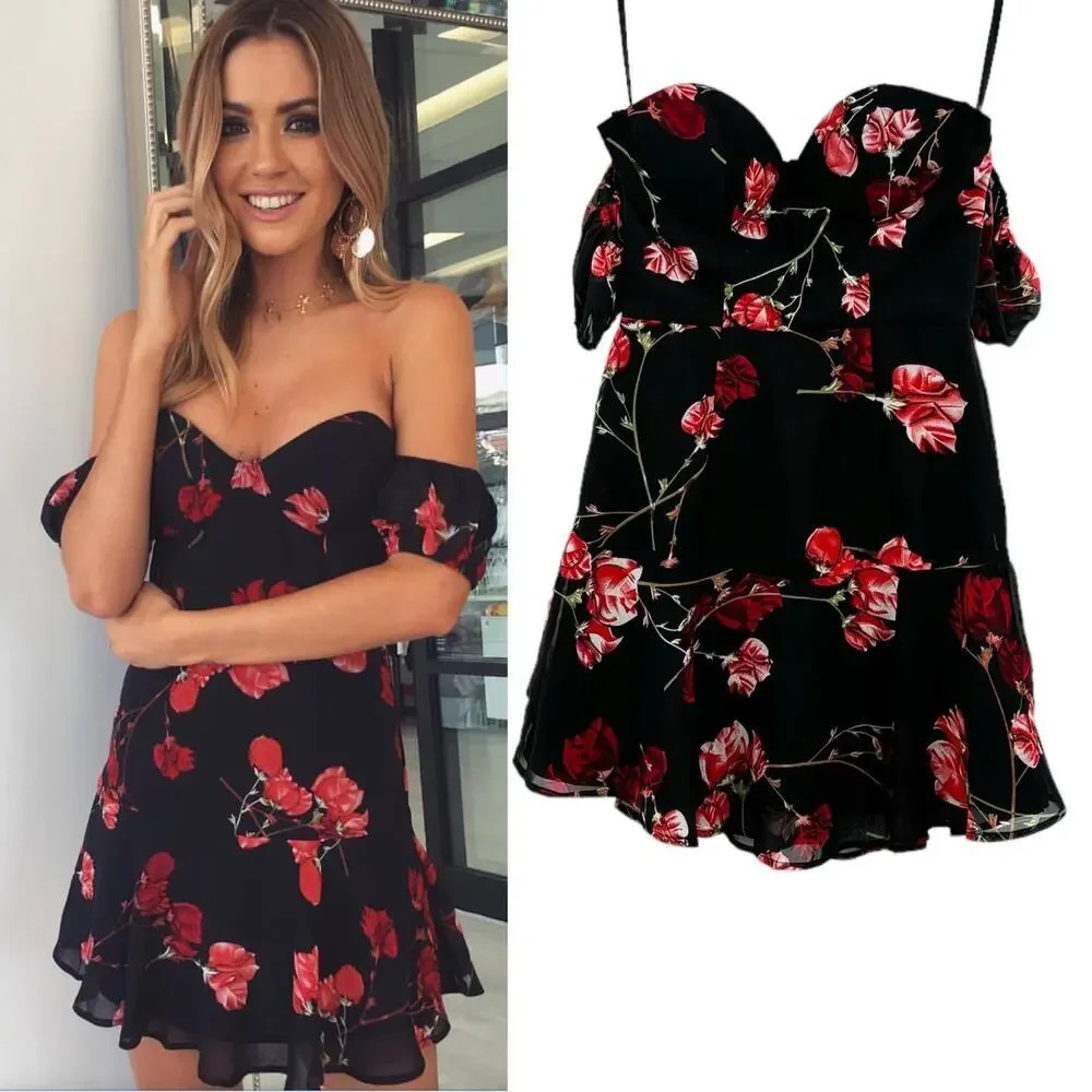 White Fox Boutique Monte Carlo Mini Dress Black‎ Red Floral Size XS
